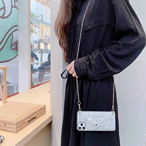 Omorro for iPhone 12 Pro Max Wallet Case, Bling Diamond Case with Credit Card Holder Slot Crossbody Chain Handbag Purse Glitter Crystal Shiny Rhinestone Protective Cover Girly Case White - Thumbnail 6