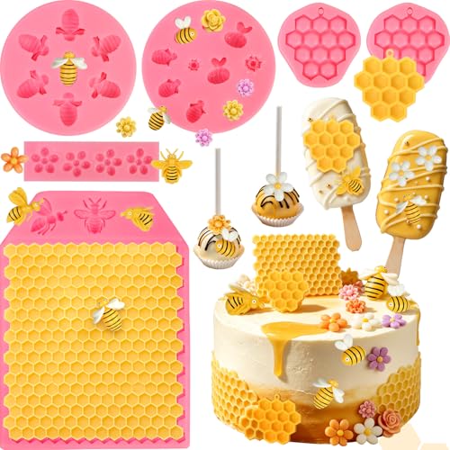 6 Pcs Bumble Bee Silicone Mold Honeycomb Flower Bee Fondant Molds