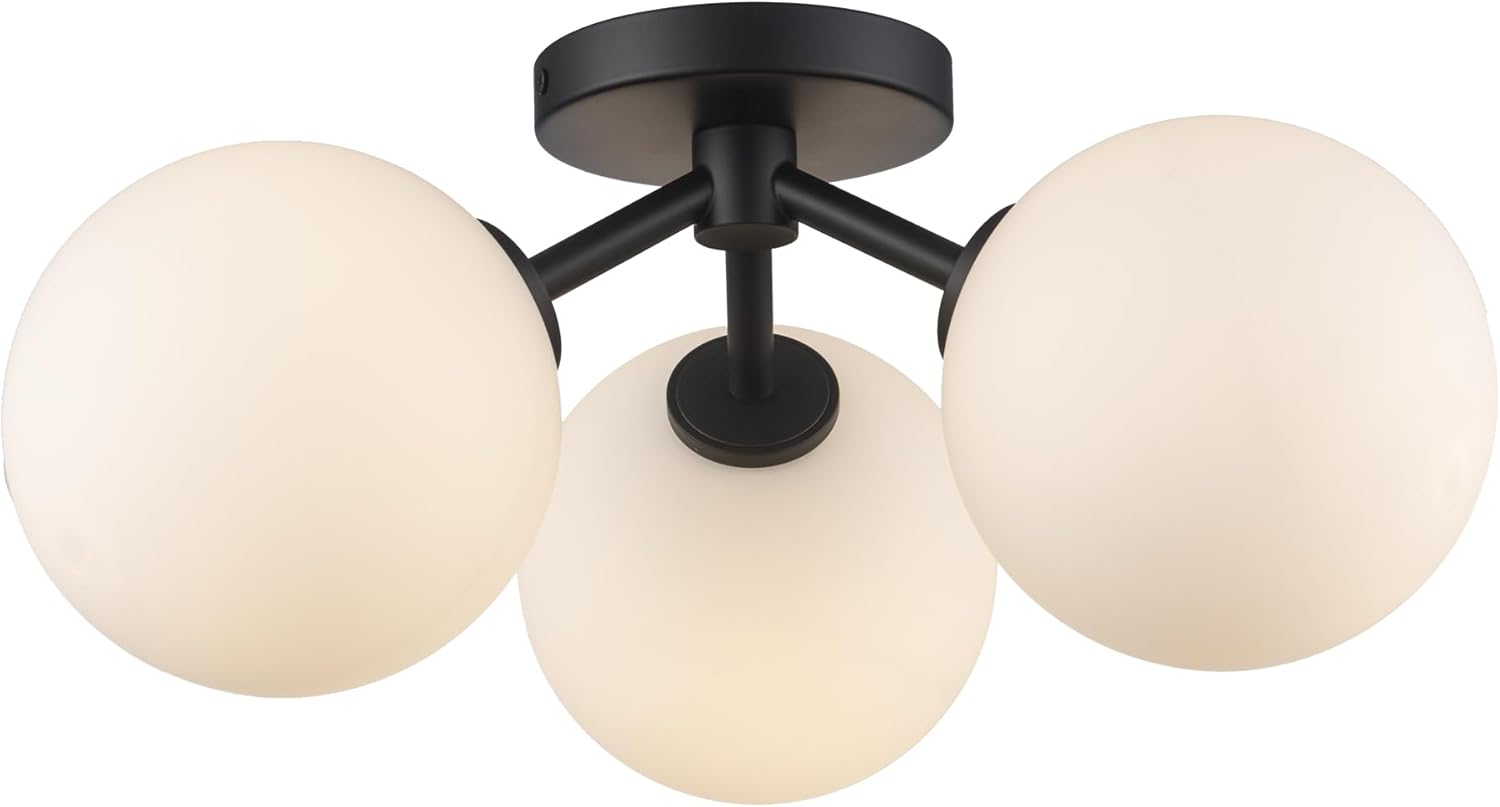 Prismara 16 Inch 3-Light Ceiling Light | Satin Black Finish with Opal Glass Shades | Uses 3 E-12 Candelabra Base Dimmable Bulbs | Modern Flush Mount Light (Black)