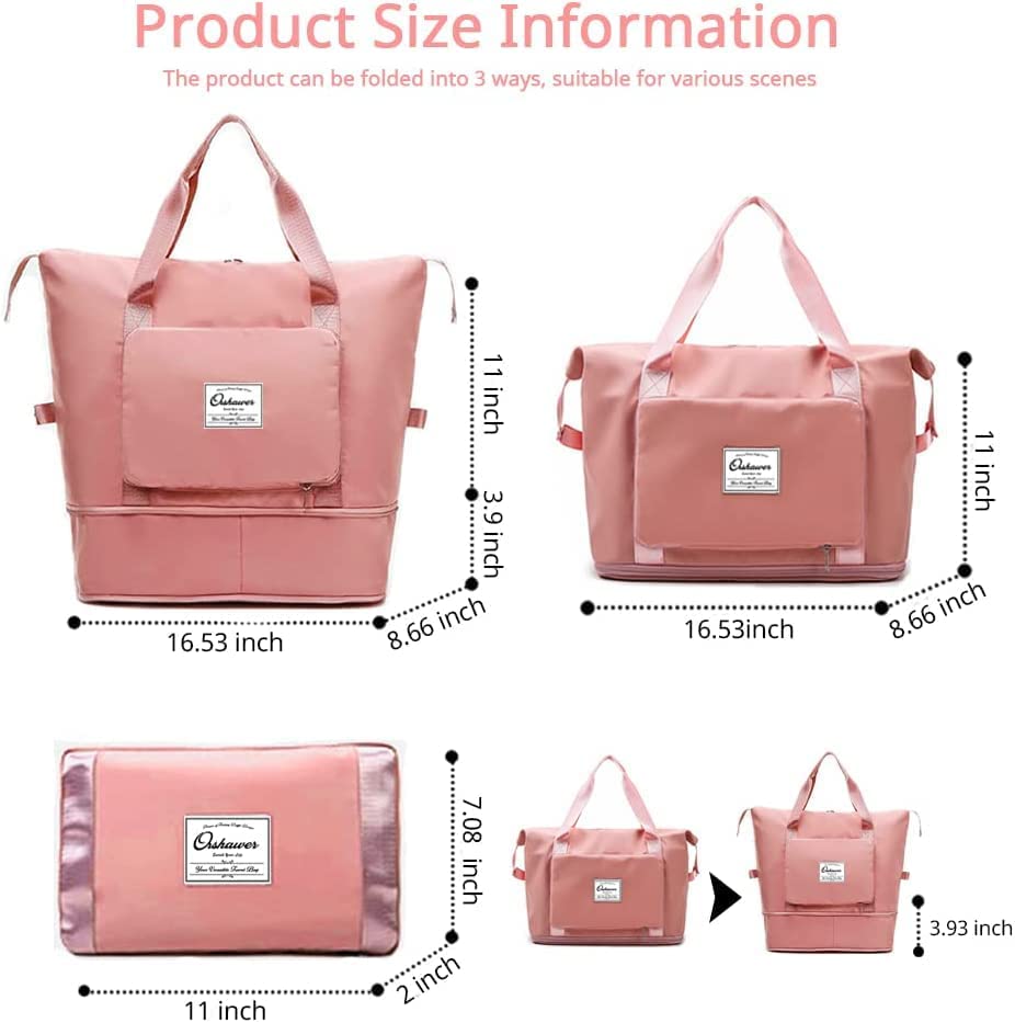 Image of HAKKU Large Capacity Folding Travel Tote Bag, Oxford Fabric Waterproof Lightweight Foldable Travel Duffel Bag Portable Expandable Travel Bag, Dry and Wet Carry On Bag (Modern, Peach)