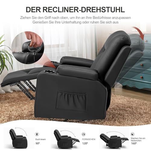 COMHOMA Relaxsessel Manuell Fernsehsessel mit Liegefunktion, TV-Sessel mit Seitengriff, Fußstütze, 360°drehbar bis 150 kg Belastbar, für Wohnzimmer, Schlafzimmer Schwarz – Bild 4