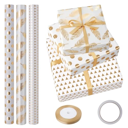 Geschenkpapier 43 cm x 3 m3 Rollen Gold Foil Geschenkpapier Geburtstag Set mit Doppelseitigem Klebeband & Geschenkband für Geburtstage Hochzeiten Partys und Geschenke
