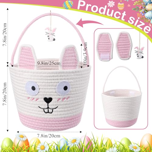 Image of Zopeal 2 Pcs Pink Easter Baskets Woven Rope Bunny Gifts Basket with Ears Large Empty Egg Storage Basket for Easter Party, 9.8 x 7.8 x 7.8 Inch