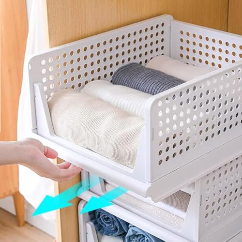 Image of MARKWELL 4 Layer Stackable Wardrobe Organizer for Clothes, Foldable Plastic Sliding Drawer Basket, Closet & Cupboard Storage for Shirts, Sarees, Towels & Toys, White, 44 x 33 x 19 cm