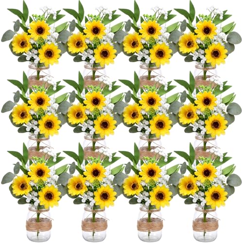Rivvlive 12 Sets Sunflower Mason Jar Table Centerpiece Mason Jar Vases with Rope Fake Plant Eucalyptus Flower Faux Floral Table Decorations for Reception Engagement Party Bridal Shower Wedding