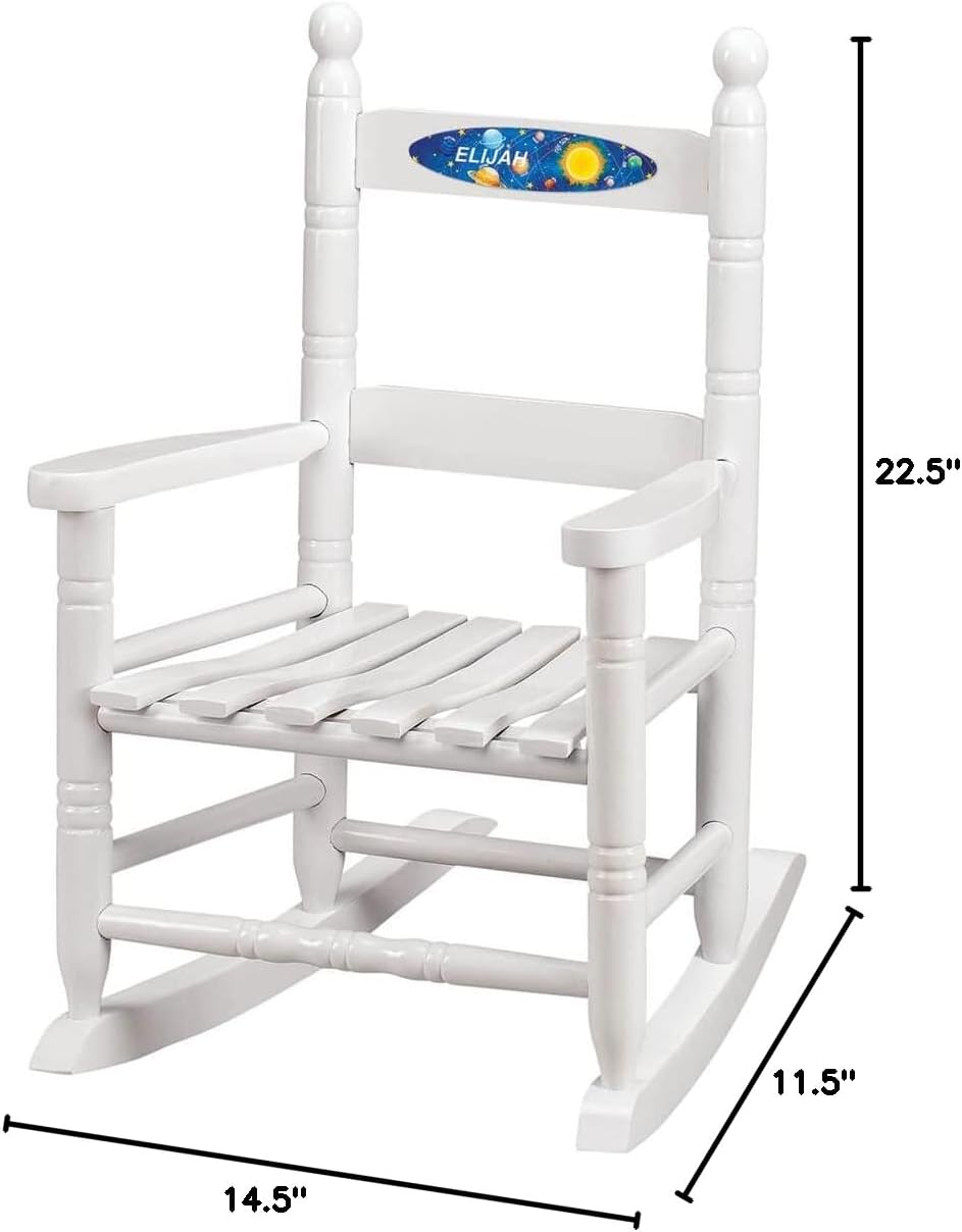 Fox Valley Traders Custom Space-Themed Children's Rocking Chair, Durable Wood - Measures 14 1/2" Wide x 11 1/2" Deep; 22 1/2" Overall Height, White Font