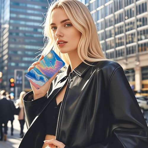 Womens Wallet,RFID Blocking Credit Card Slim Thin Holder,Long Bifold PU Leather Card Organizer,Cash Clutch Billfold Pocket Ladies Minimalist Travel Wallets,Pink Clouds Waves Sun2