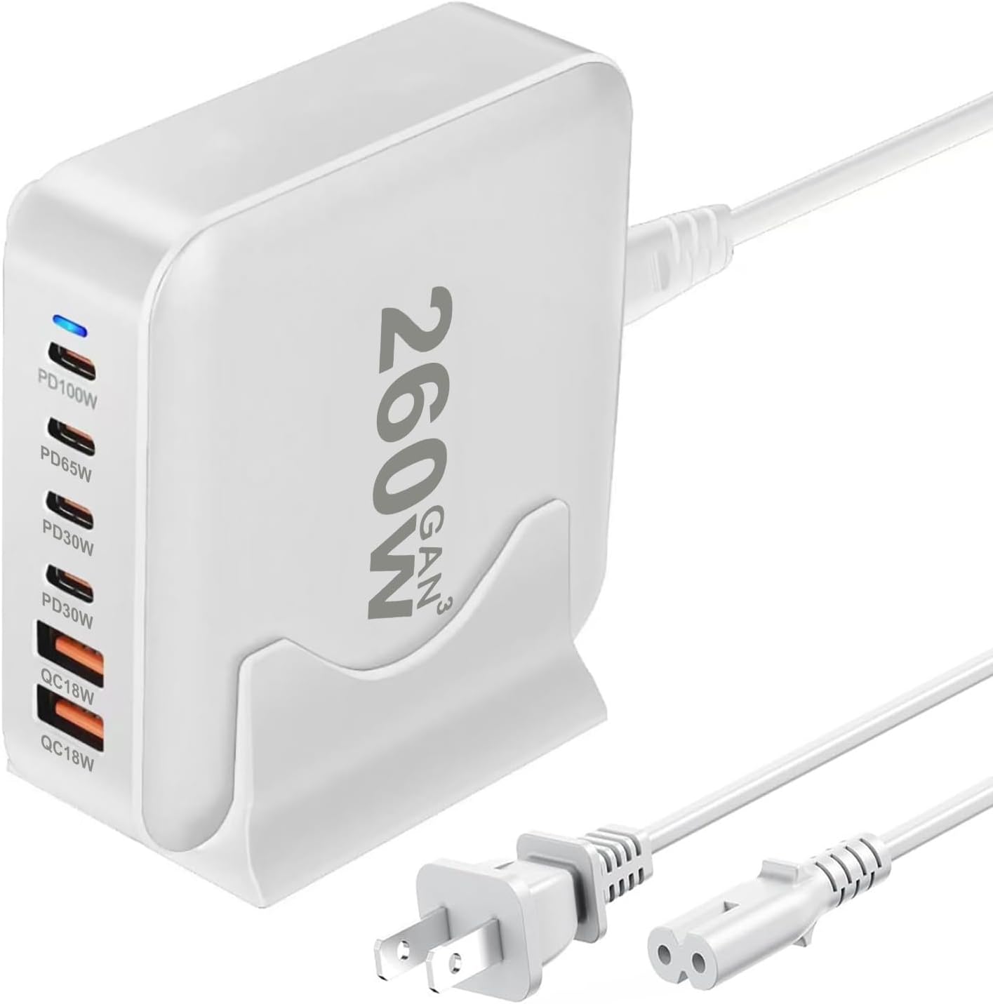 260W USB C Charger Block GaN III USB Desktop Charging Station 6 Ports QC4.0 Fast Charging Station Hub+PD 100W Type C Laptop Charger Adapter Compatible with MacBook Pro Laptop Tablet and Phone