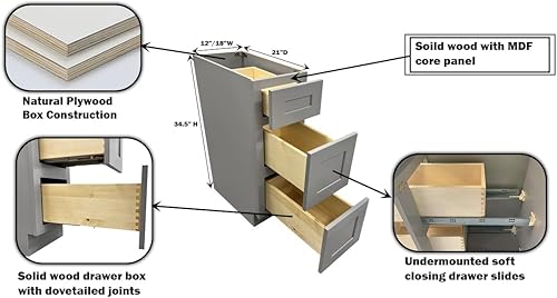Miniatura 3 de Base de tocador de baño con 3 cajones, color gris claro, cajón de almacenamiento (18 pulgadas de ancho)
