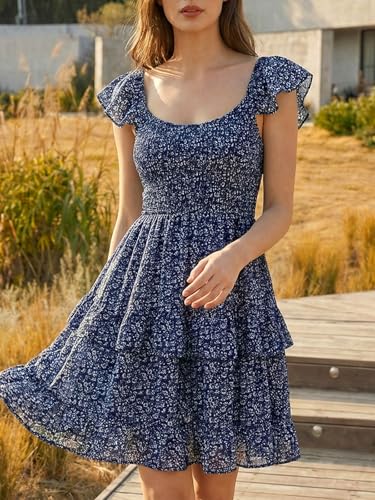 Image of Fessceruna Womens Summer Ruffle Dresses Elastic Empire Waist A-line Layered Swing Flowy Mini Dress