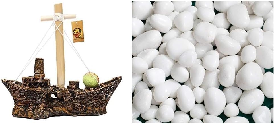 Foodie Puppies Underwater Sailing Brown Ship Aquarium Decoration Ornaments/Toy Piece (21cm X 16cm X 7 cm) & White Stones Large (2Kg) (2.5cm - 5cm)