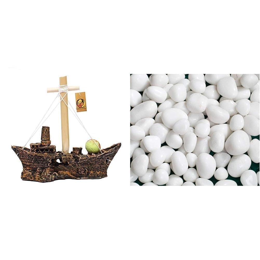 Foodie Puppies Underwater Sailing Brown Ship Aquarium Decoration Ornaments/Toy Piece (21cm X 16cm X 7 cm) & White Stones Large (2Kg) (2.5cm - 5cm)