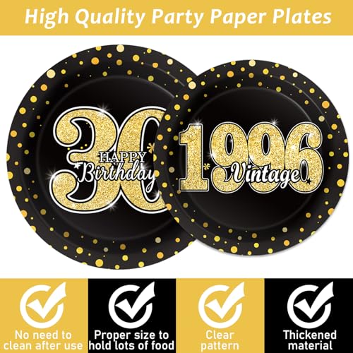 Image of 200PCS 30th Theme Birthday Party Tableware Vintage 1996 Party Supplies 30 Year Old Birthday Decorations Plates Napkins Forks Black and Gold Dinnerware Favors for Men or Women