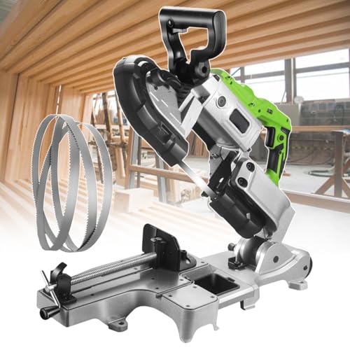 Máquina de sierra de cinta de taller, cortador portátil de metal y madera de 1100 W, ángulo de inglete de 0 a 45°, tecnología de corte en frío, corte sin chispas, ruedas y 6 cuchillas incluidas
