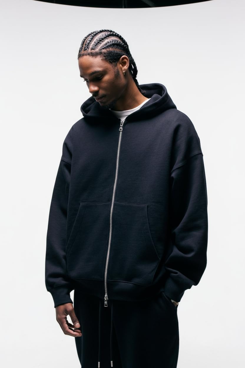 ANANKE FATE Heavyweight Fleece Double Zip Hoodie for Men – Oversized Drop Shoulder, 360 GSM Cotton Fleece, Zip-Up Streetwear