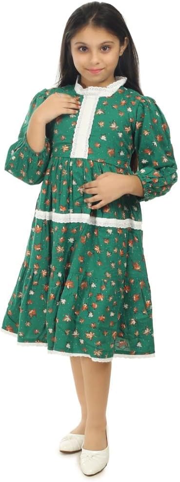 Girls Kids All Over Printed Fit n Flare Dress Green