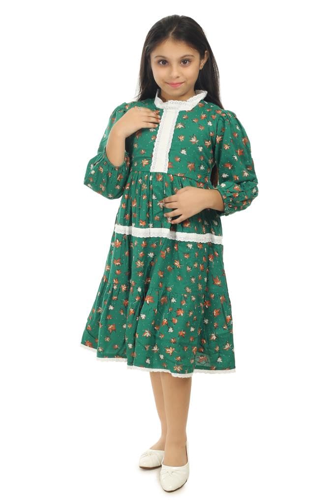 Girls Kids All Over Printed Fit n Flare Dress Green