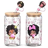 Acellegic 2 Sets Black Girl Glass Cup 16 oz Black Women Cup with Bamboo Lid Straw Cover Glass Straw and Cleaning Brush for Birthday Christmas Gift