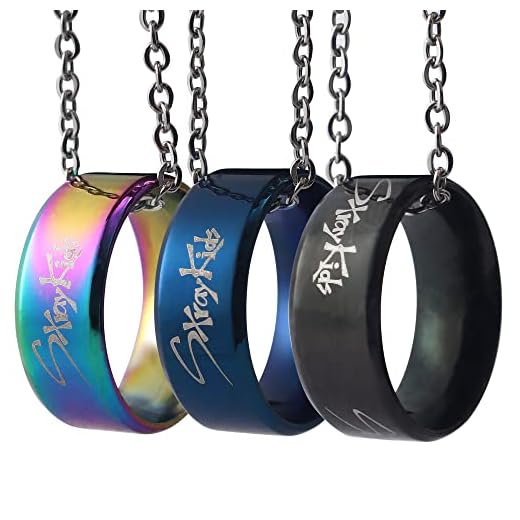 AntaQuyaN 3 Pack Kpop Stray Kids Merch Ring with Necklace, Stray Kids Stainless Steel Jewelry for gifts Stainless Steel Blue Rainbow