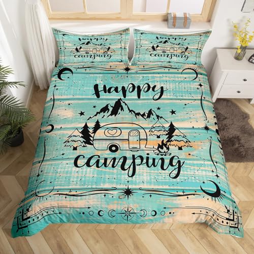 Erosebridal Happy Camping Comforter Cover Queen Rustic Camper Bedding Sets for Kids Boys Girls,Rv Accessories Duvet Cover for Travel Trailers Farmhouse Green Wooden Barn Door Bed Set Zipper