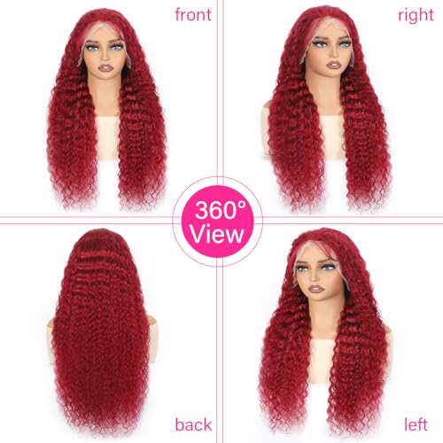 Image of 26 Inch 99j Burgundy Lace Front Wigs Human Hair 13x4 Deep Wave Lace Front Wigs Human Hair Pre Plucked 180% Density Water Wave Human Hair Wig Wine Red Wet Wavy Curly Glueless Colored Wig for Women