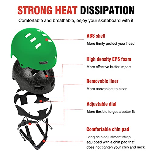 JetBlaze Skate Helmet, Skateboarding Helmet, Bicycle Helmet, Climbing Helmet, Longboard Helmet for Kids, Youth, Women, Men (Green, M)