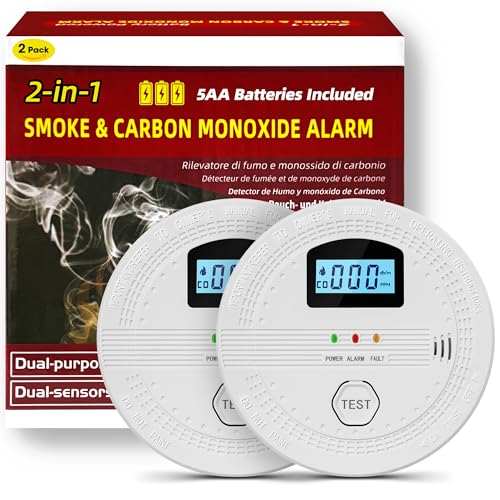 2 Pack Carbon Monoxide and Smoke Detectors,10-Year Battery Operated Carbon Monoxide Smoke Detector Combo with Test Button and LCD Display, Fire Alarm Smoke Detector for Home, Travel, Office