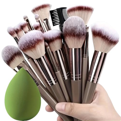 Set de 15 brochas de maquillaje premium con esponja para difuminar - Pelo sintético ultrasuave, kit cosmético completo, ideal para regalo y viaje, verde, 15 piezas