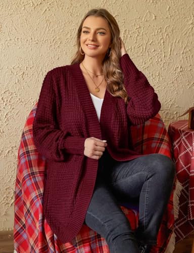 Image of MONNURO Womens Plus Size Open Front Cardigan Waffle Knit Long Sleeve Sweaters Tops Fall Coat Outerwear with Pockets