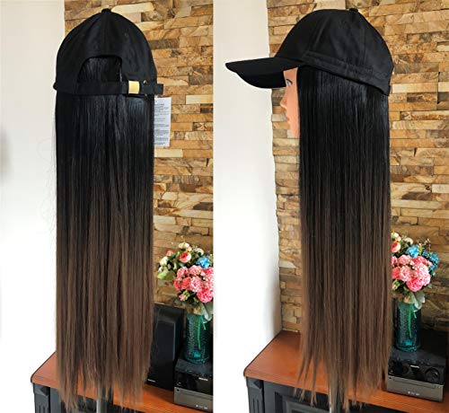 20" 22" 25" DevaLook Long Synthetic Straight Wavy Curly Ombre Hooded Wig Hair Extensions with Baseball Cap (22" Straight + Black Cap, Black + chocolate brown)