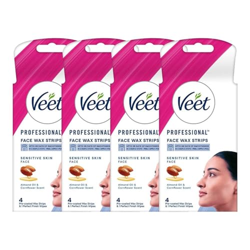 Image of Veet Face Wax Strips for Sensitive Skin (4 strips + 1 post finish wipe) (Pack of 4) | Painless, Quick & Gentle Facial Hair Removal | Ready to Use for Upper Lip, Eyebrows, Chin, Sidelocks