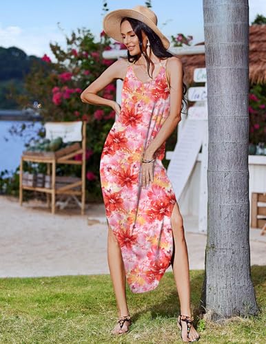 Image of Zeagoo Women's Casual Sundress Summer Maxi Sleeveless V Neck Split Boho Beach Dress Travel Vacation Dress with Pockets