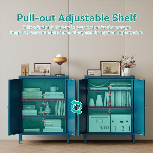 Image of Metal Floor Storage Cabinet, Small Freestanding Sideboard Storage with 2 Adjustable Shelves for Bathroom Entryway Living Room Dining Room Coffee bar Kitchen,11.8 inchD x 23.6 inchW x 31.5 inchH,3-Tier,Teal Blue