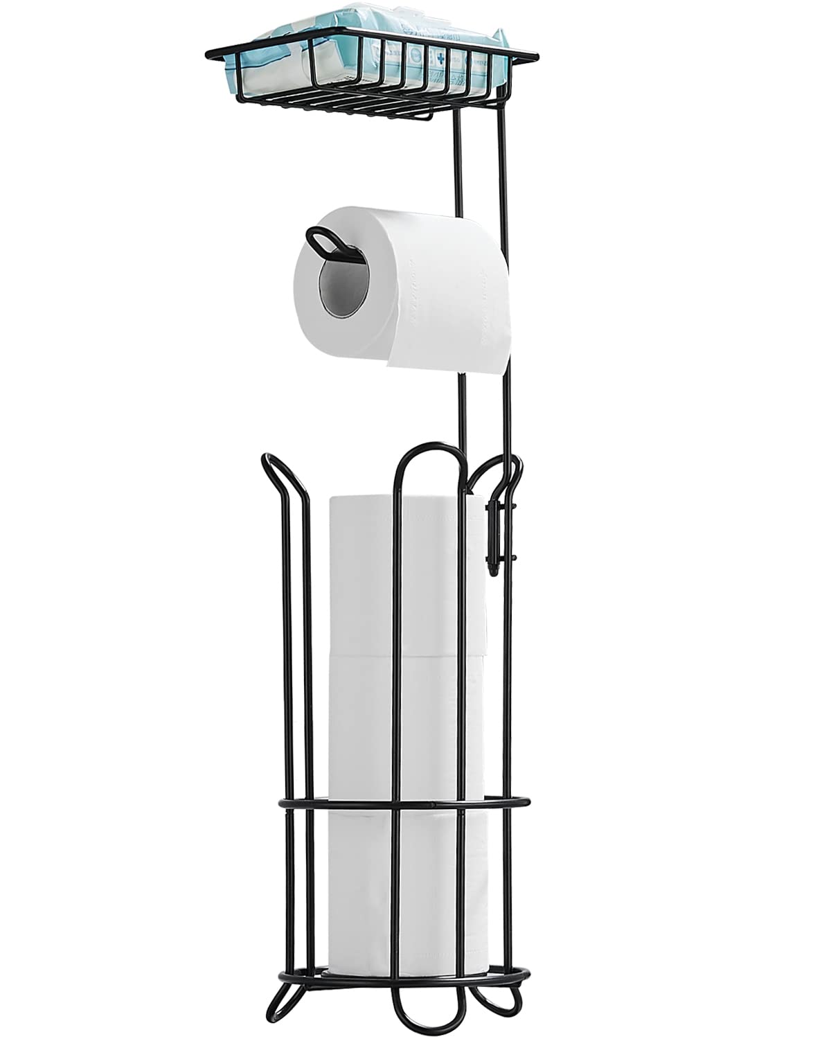 HoomtaookToilet Paper Holder Standing Black with Top Shelf, Paper Towel Holder for Bathroom with Dispenser and Storage, Dispenser for 3 Spare Rolls
