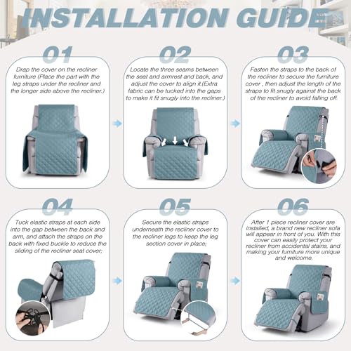 Image of TAOCOCO 100% Waterproof Recliner Covers, Recliner Sofa Covers with Leg Straps, Reversible Recliner Couch Cover for Reclining Chair, Washable Couch Protector for Pets Kids(1 Seater 22 inch, Sky Blue)