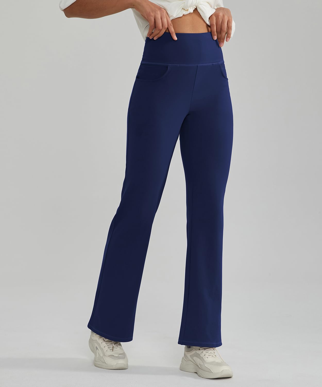 ALONG FIT Bootcut spodnie do jogi, damskie, długie, z wysokim stanem, z 3 kieszeniami, nieprzejrzyste, szerokie nogawki, spodnie rekreacyjne, 66 cm, 71 cm, 76 cm, 81 cm, długość kroku 81 cm