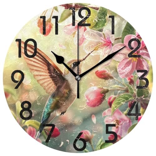 ZzWwR Beautiful Spring Flowers Hummingbird Round Wall Clock, 10 Inch Analog Quiet Non Ticking Desk Clock for Home Kitchen/Living Room/Bedroom/Bathroom/Office