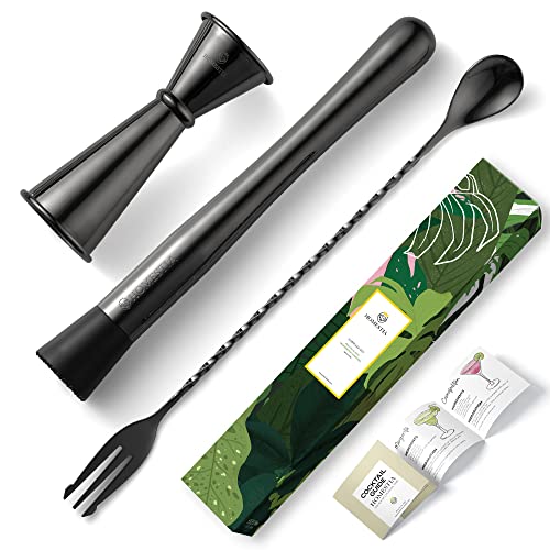 Homestia Stainless Steel Muddler For Cocktails, 3 Pcs Bar Tools: 10" Drink Muddler, 12" Cocktail Spoon, 1 Oz 2 Oz Jigger, Black Mixing Tools For Drinks, Mini Home Bar Tool Set For Alcohol Beverages #TOP11