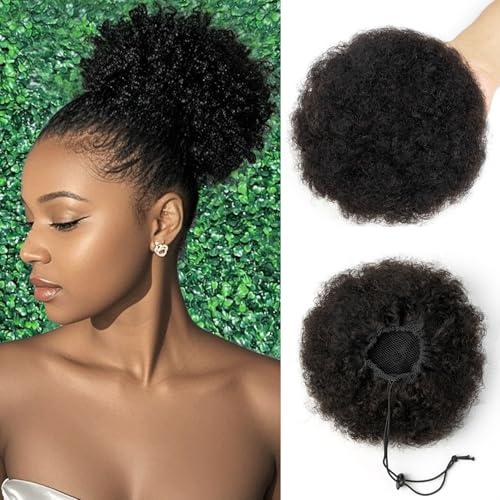 SPIKFN Afro Puff Human Hair Drawstring Ponytail for Black Women 6 Inch Curly 100% Brazilian Virgin Human Hair Ponytail Short Extension Hairpieces Updo Hair for Black Women Girls 50g 1B Natural Color