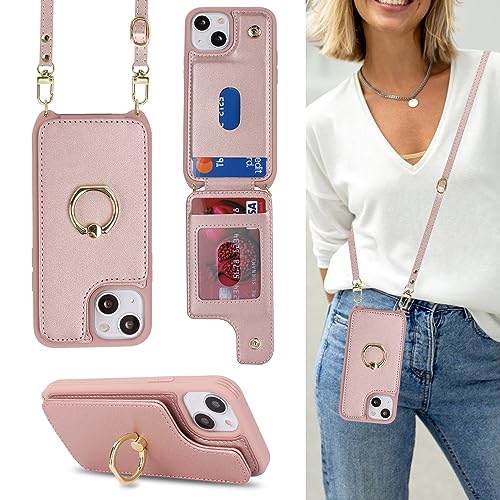 Image of for iPhone 13 Mini Case with Card Holder and Strap for Women,Crossbody Lanyard,Kickstand Ring Stand,Snap Clasp,RFID Blocking,Phone Wallet Cases 5.4 inch(Rose Gold)