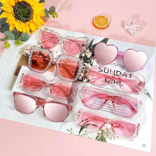 Pibupibu 8 Pack Pink/Hot Pink Sunglasses for Women, Retro Rectangle Square Cateye Oval Heart Sunglasses Party Glasses Set3