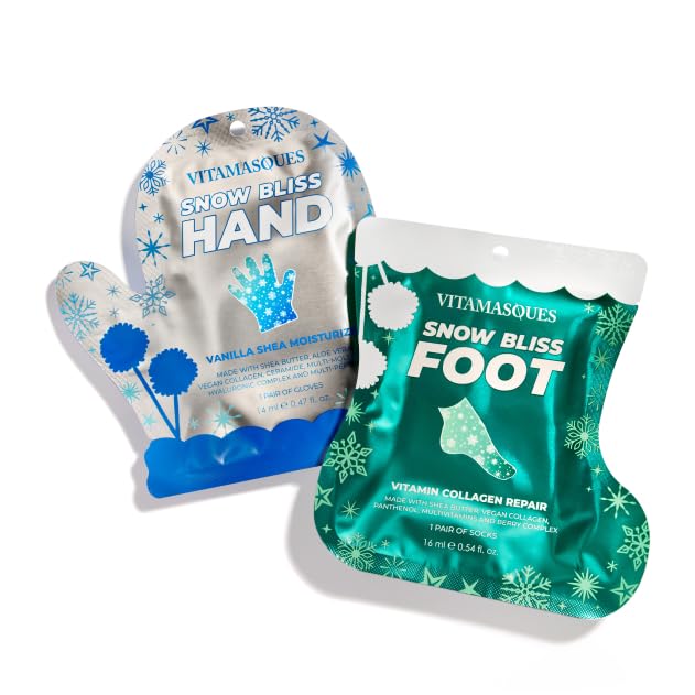 Vitamasques Holiday Snow Bliss Hand & Foot Mask Set – Korean Skin Care for Dry Cracked Feet & Hands – Spa Gifts, Stocking Stuffers for Teen Girls & Party Favors for Women