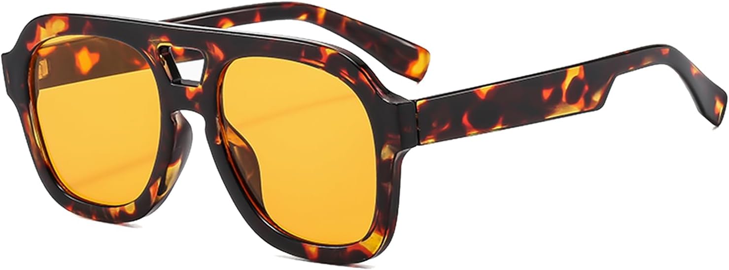 Long Keeper Retro Pilot Sunglasses Double Bridge Women Men Aviation Square Sun Glasses Thick Frame 70s Vintage Shades UV400