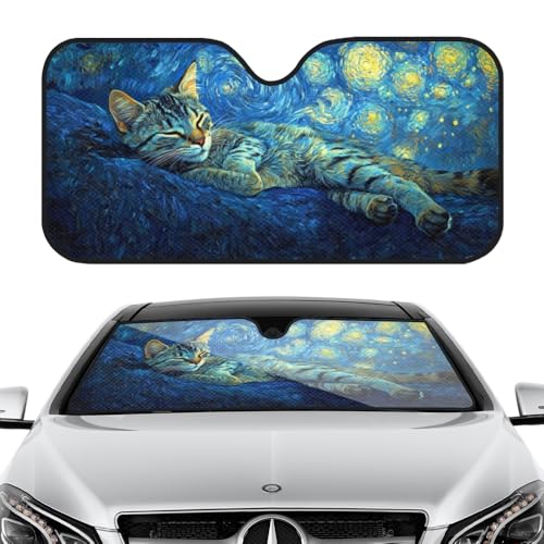 Starry Night Prowling Bengal Cat Design Front Windshield Sun Shade,Foldable