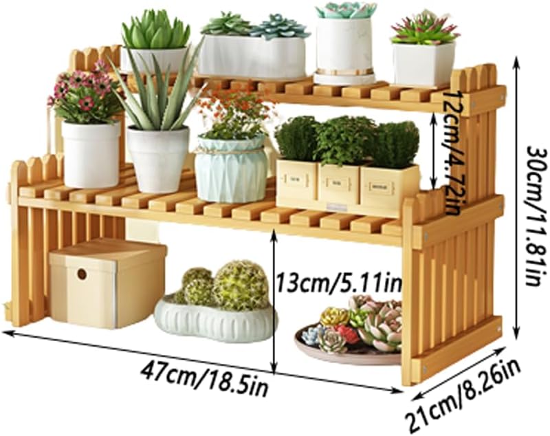 2-Tier Decorative Natural Bamboo Flower Pot Plant Display Stand Shelf Ladder Rack, Multifunctional Adjustable Layer Board Storage Rack, for Office Decorate Storage Rack, Kitchen Desktop Shelf