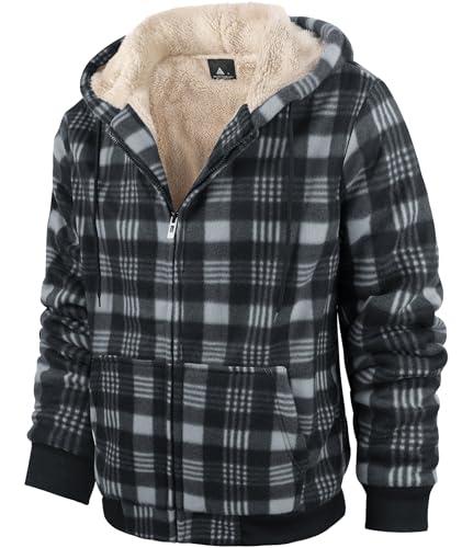 Image of Mens Plaid Hoodies Winter Zip Up Fleece Jacket Sherpa Fleece Lined Warm Flannel Jacket Coat