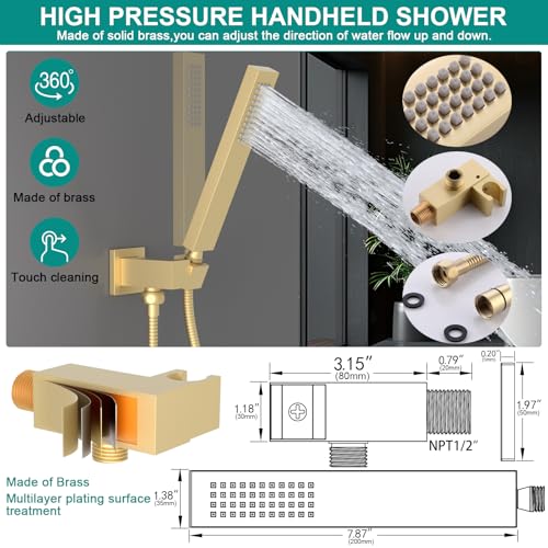 HOMEDEC Set de Ducha con Dos Cabezas (14x20 pulgadas y 6 pulgadas) con Rociador de Mano, Sistema Completo de Ducha con 6 Jets Corporales, Acabado Dorado Cepillado miniatura 6