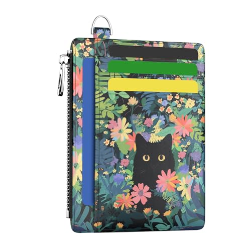 Image of Hancynir Black Cat Slim Wallet Women Credit Card Holder, Cute Small RFID | Zipper Pocket Wallet, Thin Travel Coin Purse, PU Leather, Minimalist Card Case, 6 Card Slots, ID Window, Ladies Women Gifts
