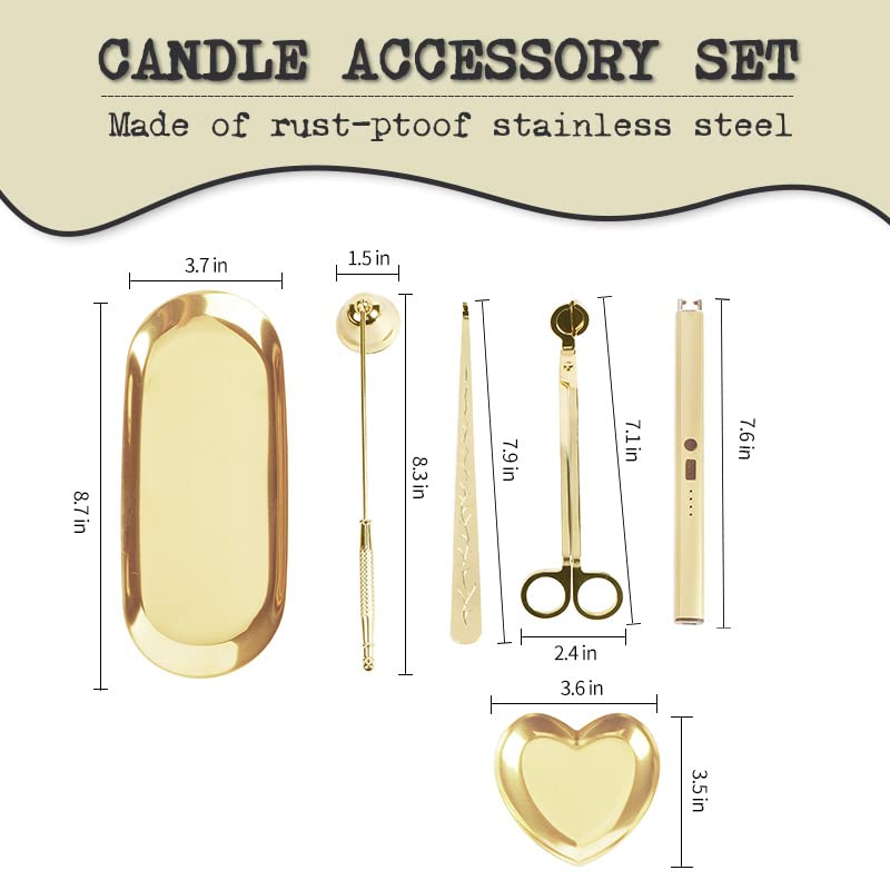 6 in 1 Candle Wick Trimmer Cutter,Candle Lighter Rechargeable, Candle Snuffer Extinguisher, Candle Wick Dipper, Candle Care Kit?Candle Accessory Set with Storage Tray Plate for Candle Lover (Gold-01)