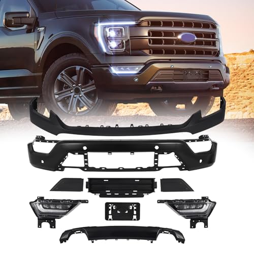 Partzer Front Black Bumper Assembly Kit Compatible with 2021-2023 Ford F150 9PC W/Sensor Holes